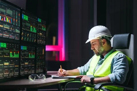 Engineer operator and computer screens with modern following production system Stock Photos