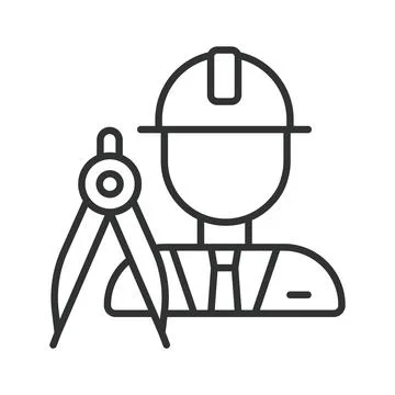 Engineer or architect with compass tool icon in line design. Engineering Stock Illustration