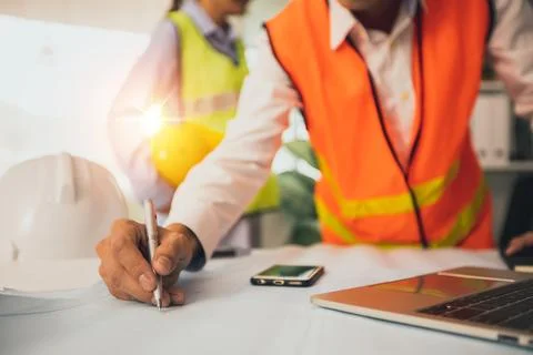 Engineer or architect planning with technology concept, construction worker.. Stock-Fotos