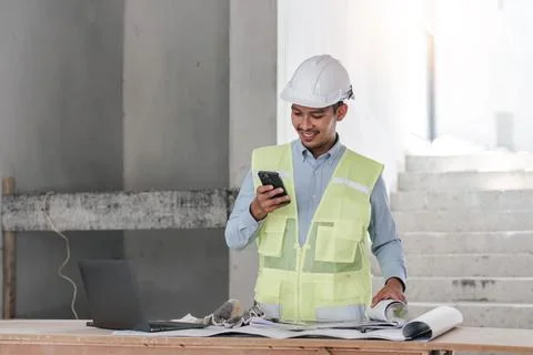 Engineer or Architect with protective safety helmet checking using smartphone 写真素材