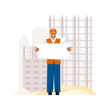 Engineer or architect standing on construction site holding blueprint Stockillustratie