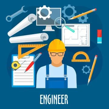 Engineer or builder worker with work tools poster Ilustración de archivo