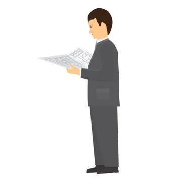 Engineer or businessman is looking at a plan, paper, project. Stock Illustration