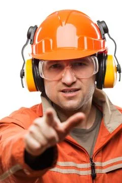 Engineer or manual worker man in safety hardhat helmet white isolated Stock Photos