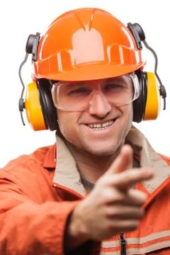Engineer or manual worker man in safety hardhat helmet white isolated Stock Photos