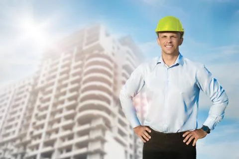 Engineer or worker wearing a protective helmet. Stock Photos