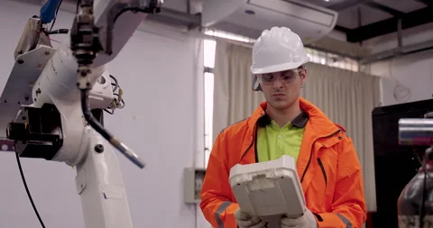 Engineer in orange PPE operates robot controller device during automation lab Stock Footage 316079434