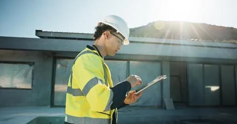 Engineer, outdoor and man with tablet, online or plan for property development Stock Photos