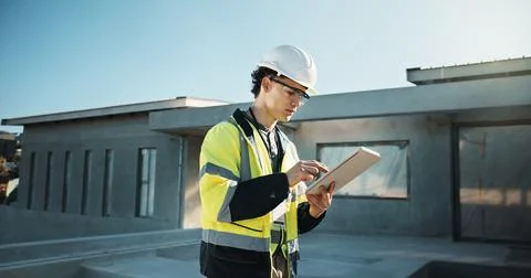 Engineer, outdoor and man with tablet, scroll or plan for property development Stock Photos
