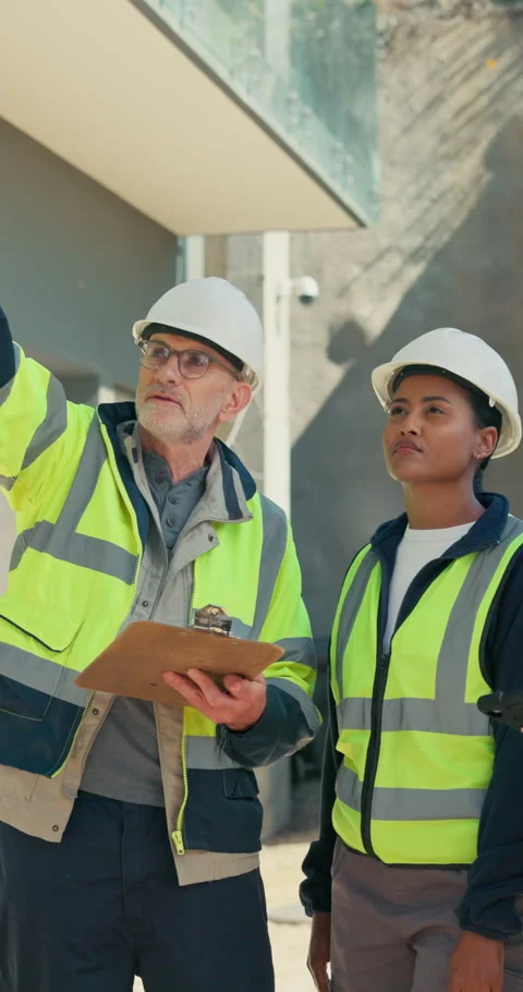 Engineer, outdoor and team with tablet, construction and plan for renovation Stock Footage 345318467