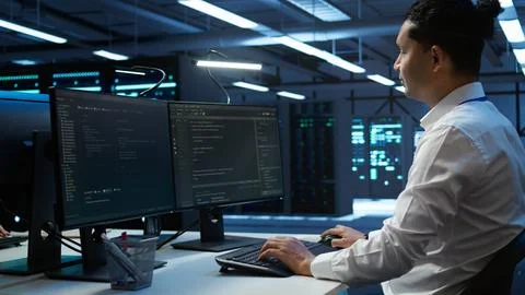 Engineer overseeing data center, making routine improvements Foto stock