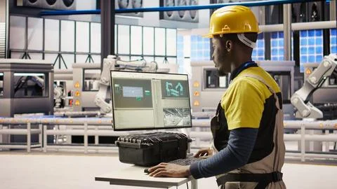 Engineer overseeing solar panel production lines equipment using PC software Stock Photos