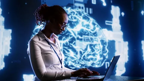 Engineer oversees AI neural network Video stock 250292505