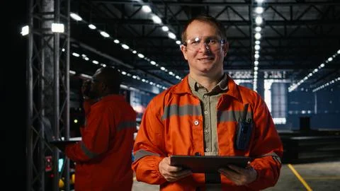 Engineer oversees assembly tools on tablet in industry plant Stock Photos