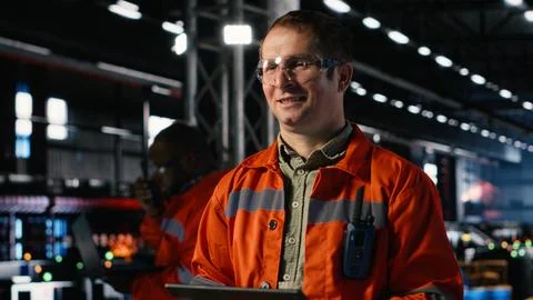 Engineer oversees assembly tools on tablet in industry plant Stock Photos