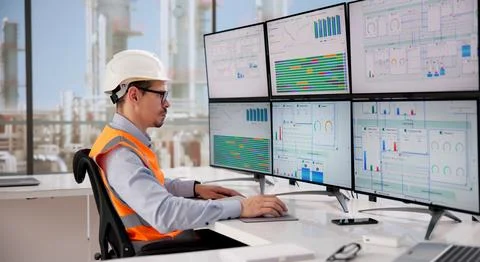 Engineer Oversees Automated Computer System Managing Energy Operations At Gas Stock-Fotos