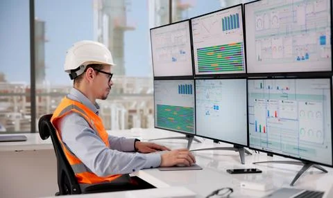 Engineer Oversees Automated Computer System Managing Gas And Oil Power Plant  Stock-Fotos