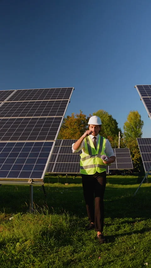 Engineer Oversees Solar Panel Field on a Sunny Day Stock Footage 296851741