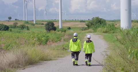 Engineer pair exploring wind turbine site checking operation progress teamwork Stock Footage 325840093
