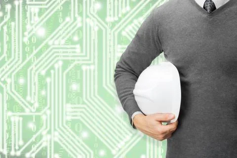 Engineer with pale green digital circuit on background Foto stock
