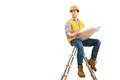 The engineer with a paper sitting on the ladder on the white background Photo