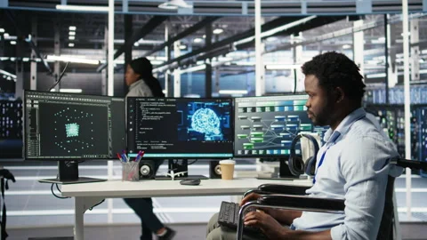 Engineer with paraplegia in data center panicked by AI node tree software error Stock Footage 307043453
