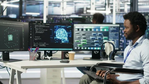 Engineer with paraplegia in data center panicked by AI node tree software error Video stock 308047557