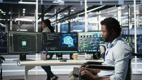 Engineer with paraplegia in data center panicked by AI node tree software error Stock Footage 309130557