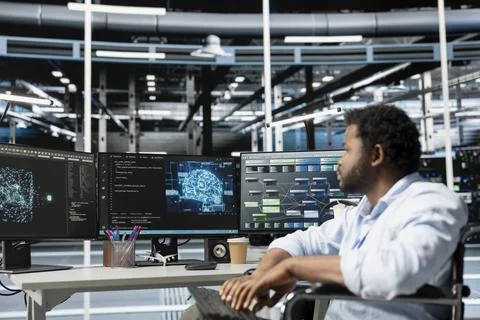Engineer with paraplegia using AI visualization tools in inclusive data center Stock Photos