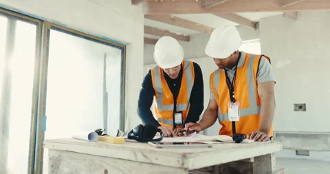 Engineer, people and talk with blueprint for home renovation, review and Stock Footage 344921553
