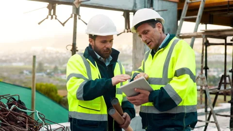 Engineer, people and talk on construction site with tablet, manager advice or Stock Footage 336195031