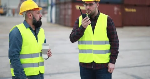 Engineer people controlling shipping containers inside industrial port Stock Footage 179969571