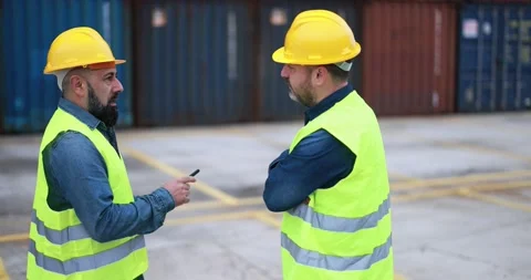 Engineer people controlling shipping containers inside industrial port Stock Footage 179970356