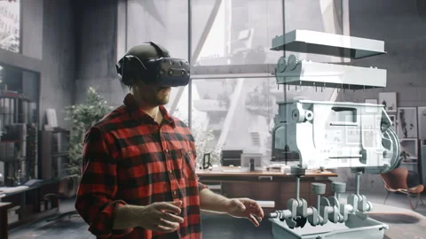 Engineer Performing Engine Functionality Tests in Virtual Reality Holographic Stock Footage 284955762