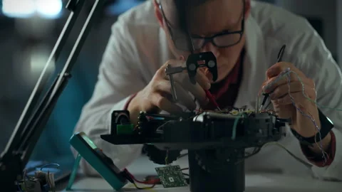 Engineer performing intricate repairs on electronic components in a modern w Stock Footage 303662088