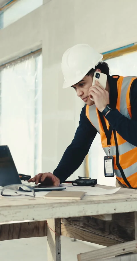 Engineer, phone call and man with laptop in building, property development and Stock Footage 345551385