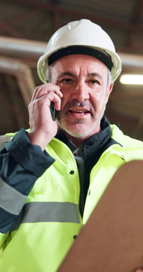 Engineer, phone call and man with clipboard for construction, talking or Stock Footage 348124191
