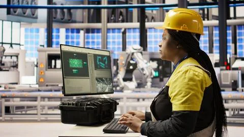Engineer in photovoltaics factory using PC display to look at system metrics Stock Photos