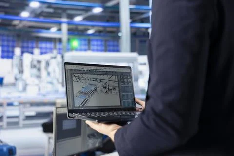 Engineer in photovoltaics factory using tracking software on laptop Stock Photos