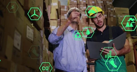Engineer placing hard hat and initiating warehouse audit, green hex icons Stock Footage 331872903