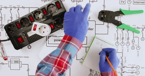 Engineer plugs devices to socket extension and notes data Stock Footage 277792374