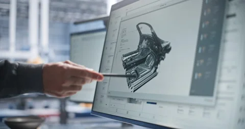 Engineer Pointing to 3D Car Body Panel CAD Model on Monitor Stock Footage 344394298
