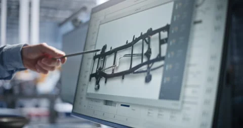 Engineer Pointing to 3D Car Chassis CAD Model on Screen Stock Footage 344393299