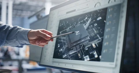 Engineer Pointing to AI Processor Microchip Design on Screen Stock Footage 344386703