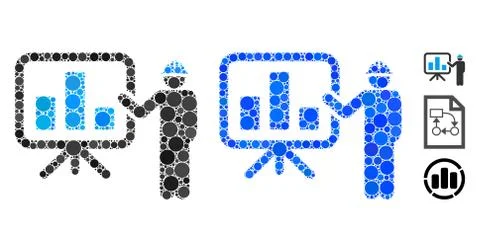 Engineer Pointing Chart Board Mosaic Icon of Spheric Items Illustrazione stock