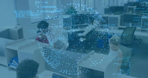 Engineer pointing at holographic sphere after code update, team collaborating on Stock Footage 310972005