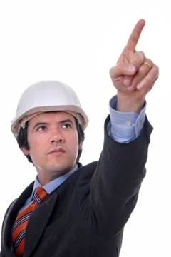 Engineer pointing up, isolated on white Stock Photos