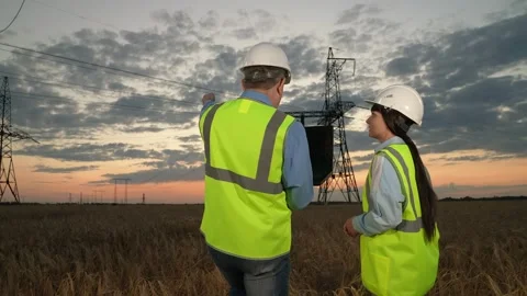 Engineer points by hand on power transmission lines to young trainee in evening Stock Footage 253121710
