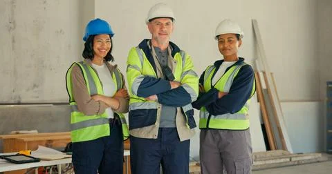 Engineer, portrait and team with arms crossed in building, ambition or soli.. Stock Photos