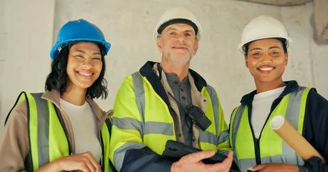 Engineer, portrait and team with tablet in building, career growth and soli.. Stock Photos